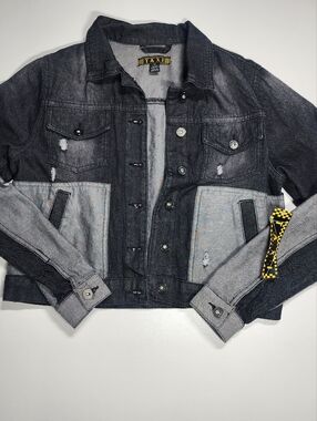 Patchwork Distressed Denim Jacket Black Grey Colorblock Remake M NWT
